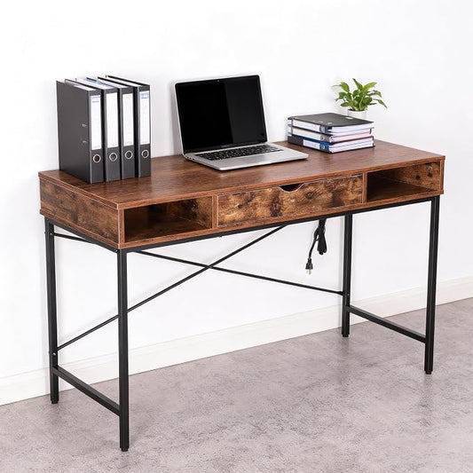 JJS 48' Writing Desk with Power Outlet, Home Office Contemporary Large Computer Desk Laptop Workstation with Drawer USB Ports Charging Station, Rustic Brown
