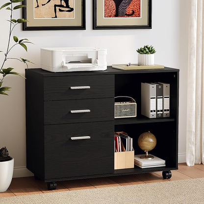 VINGLI 3 Drawer Wood Lateral File Cabinet with Adjustable Shelves & Locking Wheels, Printer Stand with Drawers for Letter Size Files, Sturdy Black File Cabinets for Home Office, Study & Business