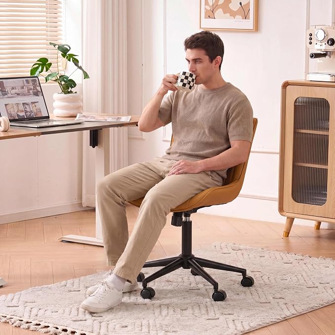 YOUNIKE Ergonomic Home Office Chair with Wheels Comfy Armless Desk Chair with Back Adjustable Height Modern Leather Upholstered Swivel Vanity Chair Small Cute Rolling Task Computer Chair Tan