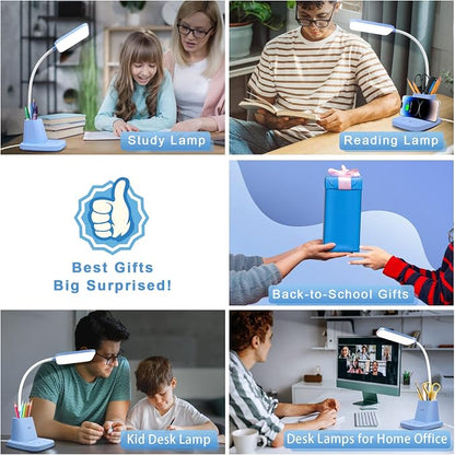 Small Desk Lamp, Blue Desk Lamp with Pen Holder, Wireless Charger LED Desk Lamps for Home Office, 800LM Flexible Arm 3 Modes Dimmable Touch Cute Desk Lamps, Study Lamps for College Dorm Room