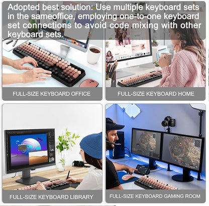 FOPETT Wireless Keyboard and Mouse Combo - 2.4G Full-Sized Cute Colorful Mouse and Keyboard with 104 Round Keys Retro Typewriter Keyboard for Laptop/Windows/PC - Pink Gradient