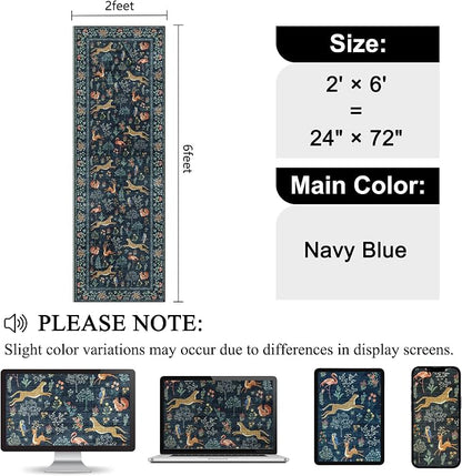 DUKINO 2x6 Rug for Hallway, Washable Kitchen Runner Rug with Non Slip Backing, Soft Low Pile Vintage Animal Runner for Bedroom, Kitchen, Hallway, Entryway, Laundry, Navy Blue