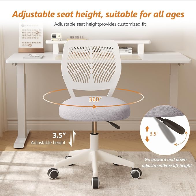 JPBSTO Small Desk Chair with Wheels, Armless Rolling Office Chair with Soft Mesh Padded Cushion, Height Adjustable Ergonomic Study Computer Chair for Girls Boys Teens