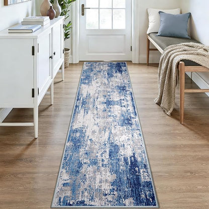 RELEANY Washable Area Rugs 2x9 Non-Slip Modern Abstract Soft for Living Room Entryway Bedroom Kitchen, Print Pattern, Blue Grey Navy Gray