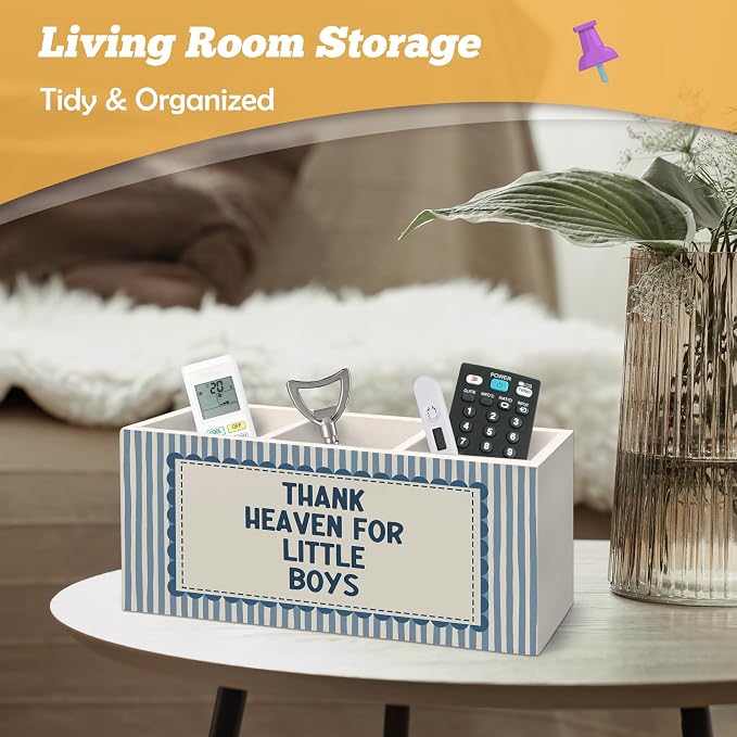 Boys Room Decor Pen Holder Organizer for Desk Accessories, Thank Heaven for Little Boys Retro Blue Striped Wooden Box Sign Desk Decorations for Kids Boy Nursery Room Bedroom Playroom Decor
