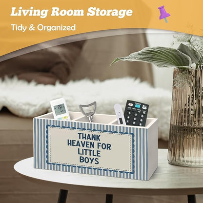 Boys Room Decor Pen Holder Organizer for Desk Accessories, Thank Heaven for Little Boys Retro Blue Striped Wooden Box Sign Desk Decorations for Kids Boy Nursery Room Bedroom Playroom Decor