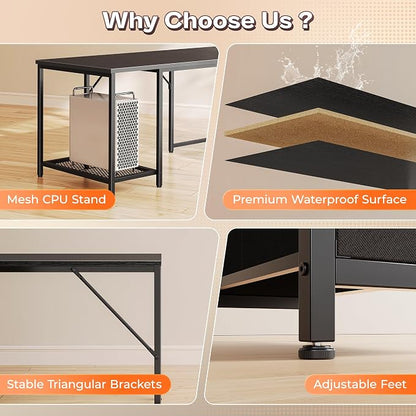 PRAISUN 66" L Shaped Gaming Desk with LED Lights & Power Outlets, Computer Desk with Fabric Drawers and Print Stand, Corner Office Desk, Monitor Stand, Mesh CPU Stand, Black
