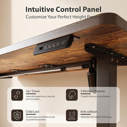 Cubiker Standing Desk, 55x24 Inches Sit Stand Home Office Desk, Electric Stand up Desk, Adjustable Desk with Splice Board, Black Frame/Rustic Brown Top