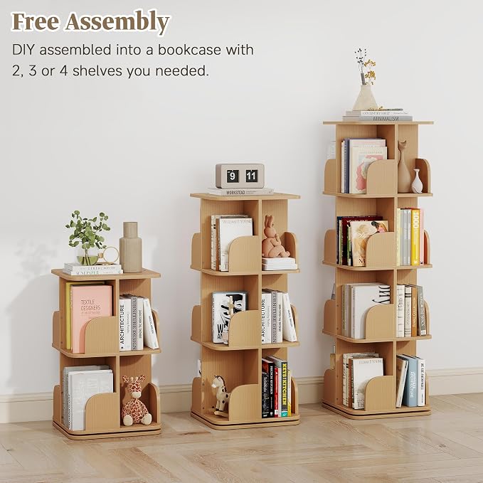 Turosur Rotating Bookshelf, 4 Tier Spinning Bookshelf Tower for Small Space, Kids Bookshelves 360 Display, Revolving Bookcase Floor Standing Storage Rack, Natural