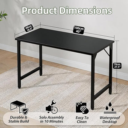 Grandder Small Office Computer Desk, 40 Inch Morden Simple Writing Study Table for Home Bedroom, PC Gaming Desk with Adjustable Feet and Sturdy Metal Frame, Black