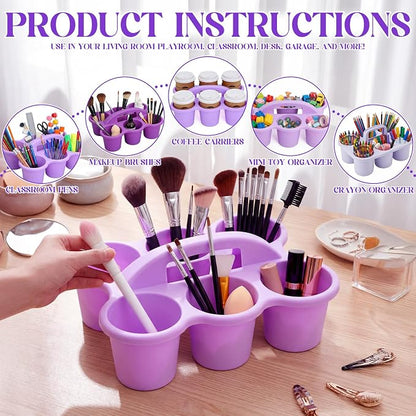 Suclain 6 Pcs Classroom Caddy with Handle Plastic Caddy Organizer with 6 Compartments Drink Cup Caddies Holder Portable Desk Crayon Storage Basket Pin for Teacher Kids Office School(Purple)