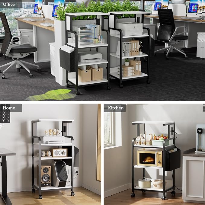 Tall Printer Stand with Charging Station, 4-Tier Mobile Cart, White | Adjustable Shelf for Home Office,Fits 3D Printer Shredder Scanner Fax