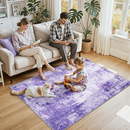 RELEANY Washable Area Rugs 4'x6' Non-Slip Modern Abstract Soft for Living Room Entryway Bedroom Kitchen, Print Pattern, Purple Gray Pink White