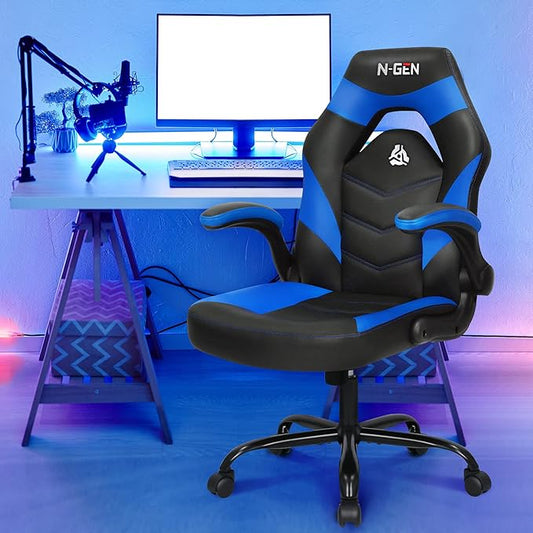 N-GEN Video Gaming Chair Ergonomic Computer Desk Office Chair with Lumbar Support Adjustable Height Swivel Wheels Flip-Up Arms PU Leather Home and Office (Classic Blue)
