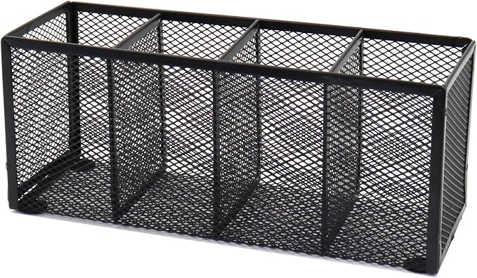 Black Mesh Pen Holder, Metal Desk Organizer Desktop Stationery Office Supplies Acessories Storage Stand, 4 Compartments Pencil Organizer Brushes Holder for Home School Classroom Teachers