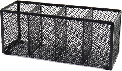 Black Mesh Pen Holder, Metal Desk Organizer Desktop Stationery Office Supplies Acessories Storage Stand, 4 Compartments Pencil Organizer Brushes Holder for Home School Classroom Teachers