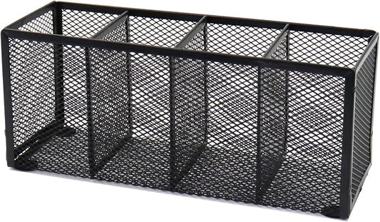 Black Mesh Pen Holder, Metal Desk Organizer Desktop Stationery Office Supplies Acessories Storage Stand, 4 Compartments Pencil Organizer Brushes Holder for Home School Classroom Teachers