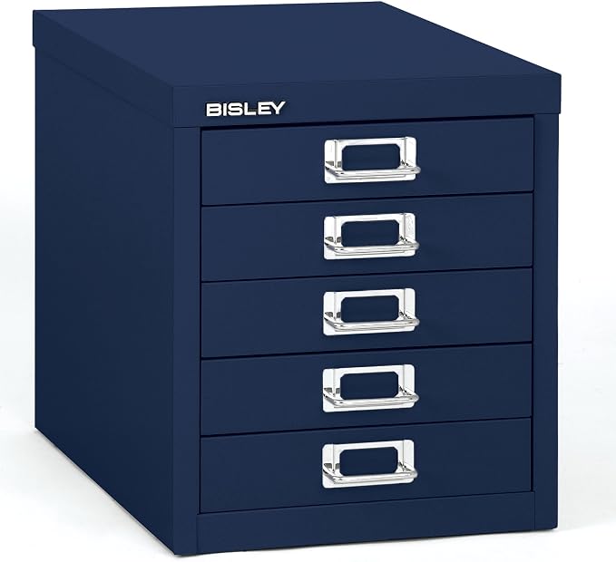 Bisley 5-Drawer Steel MultiDrawer Cabinet - Oxford Blue | Chrome Pull Handles with Label Holders, Powder-Coated Steel, Removable Drawers, Desktop Storage, Labels Included