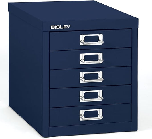 Bisley 5-Drawer Steel MultiDrawer Cabinet - Oxford Blue | Chrome Pull Handles with Label Holders, Powder-Coated Steel, Removable Drawers, Desktop Storage, Labels Included
