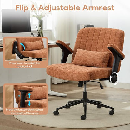 IPKIG Criss Cross Chair with Adjustable Flip-up Arms, Vanity Chair with Wheels, Comfy Desk Chair with Lumbar Pillow Swivel Wide Office Chair for Home Office, Bedroom, Chenille, Orange