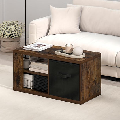 Furinno Viola Coffee Table, 3-Tier Modern Center Table with 1.2 Thick Tabletop, Side Table with Open Shelf and Storage Bin, for Living Room, Bedroom, Home Office, Amber Pine