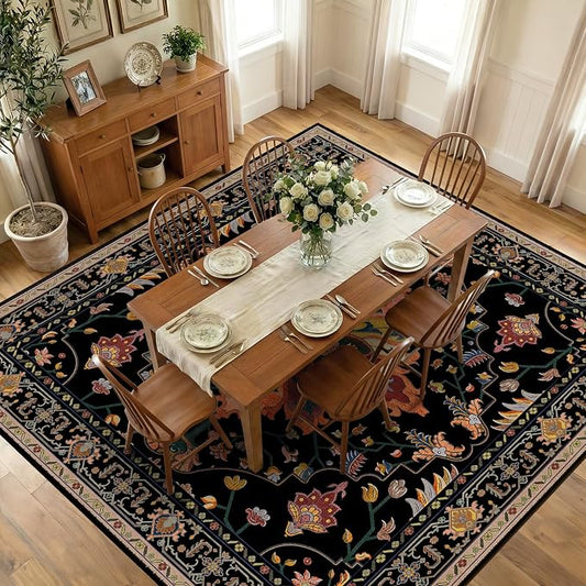 RELEANY Area Rugs Square 10ft Washable Non-Slip, Floral Vintage Distress Medallion Carpet for Living Room Bedroom Dining Room, Black Colorful Floral Dark Tan