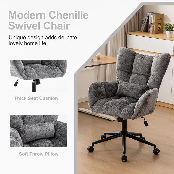 Home Office Desk Chair, Modern Tufted Chenille Vanity Chair, Adjustable Upholstered Swivel Computer Chairs for Bedroom, Living Room，Grey
