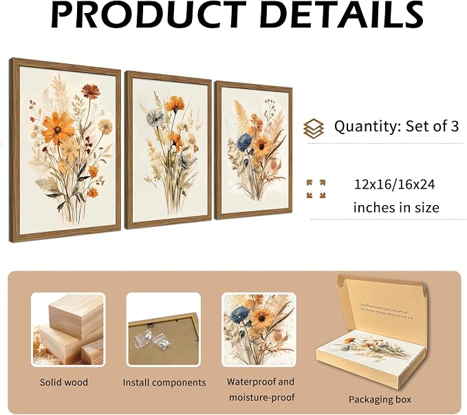 Vintage Wildflower Framed Canvas Wall Art Set of 3 – Rustic Botanical Floral Pictures Prints for Living Room Bedroom Bathroom, Retro Boho Wall Decor for Home Aesthetic 12x16 inch