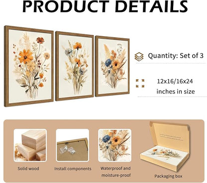 Vintage Wildflower Framed Canvas Wall Art Set of 3 – Rustic Botanical Floral Pictures Prints for Living Room Bedroom Bathroom, Retro Boho Wall Decor for Home Aesthetic 16x24 inch