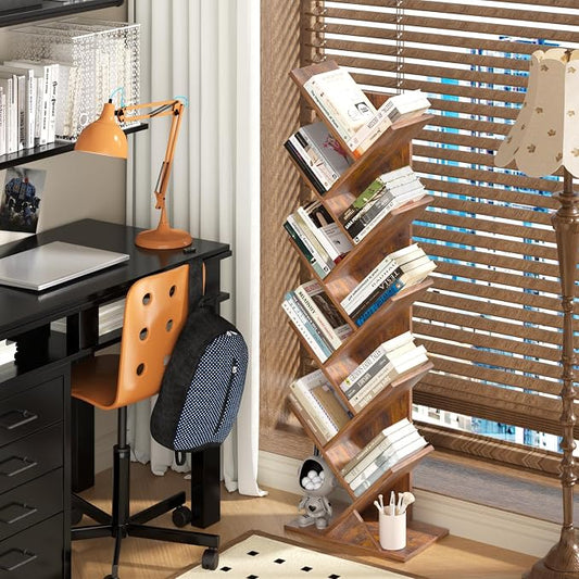 SHEEPAM 10 Tier Tree Book Shelf, Floor Standing Wood Bookshelf for Narrow Space, Storage Organizer Bookshelves for Books/CDs/Magazine, Bookcase with Shelves for Home Office, Living Room - Brown