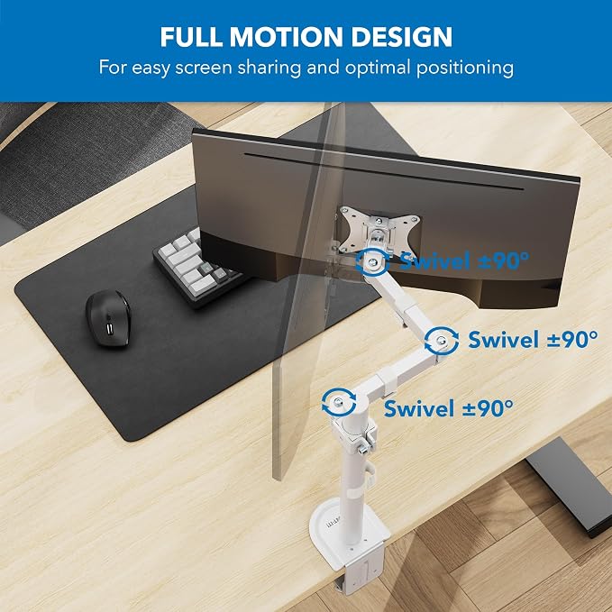 Mount-It! Single Monitor Arm 17" to 32", Full Motion Adjustment with Tilt, Rotation, Swivel, Height Adjustment Along Pole, Clamp or Grommet Mounting, Monitor Desk Mount VESA 75x75 and 100x100, White