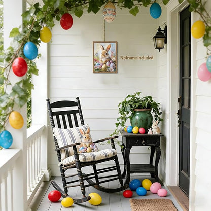 Easter Bunny Wall Art Poster, Cute Bunny with Eggs Picture Prints, Vintage Cottage Holiday Theme Canvas Artwork, Modern Farmhouse Wall Decor for Kids Room Bedroom Living Room 12x16in Unframed