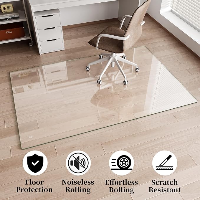 Glass Chair Mat 51" x 63" Heavy Duty Tempered Glass Office Chair Mat, Glass Floor Mat with Round Corner and Polished Edge for Smooth Glide, Office Chair Mat for Carpet, Hardwood Floor