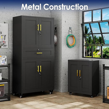 erosoei 75" H Metal Garage Storage Cabinet, Rolling Tool Cabinet with 2 Doors and Wheels, Locker Steel Cabinet with 4 Adjustable Shelves and Drawer, Organization Cabinet for Garage,Office,Home,Gym