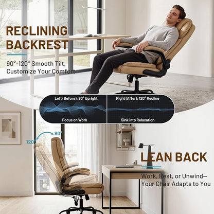 Ergonomic Office Chair, PU Leather High Back Executive Chair with Adjustable Inflatable Lumbar Support and Padded Flip-Up Arms, Recline Swivel Task Computer Chair for Home Office, Khaki
