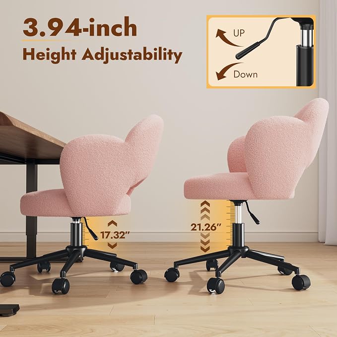 Homkdom Petal Vanity Chair with Wheels, 3.94" Thick Comfy Desk Chair, Swivel Armless Chair with Open Back and Adjustable Height, Ideal for Makeup Study Work and Relaxation, Pink