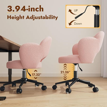 Homkdom Petal Vanity Chair with Wheels, 3.94" Thick Comfy Desk Chair, Swivel Armless Chair with Open Back and Adjustable Height, Ideal for Makeup Study Work and Relaxation, Pink