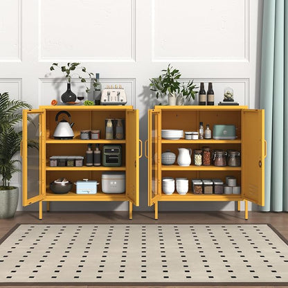 Yellow Food Storage Cabinet with Lock, 2-Door Steel Cabinet, 2 Adjustable Shelves, Metal Pantry Locker Freestanding Kitchen Storage Locker for Dining Room Living Room Size:33" H X 29.5" W X 13.8" D