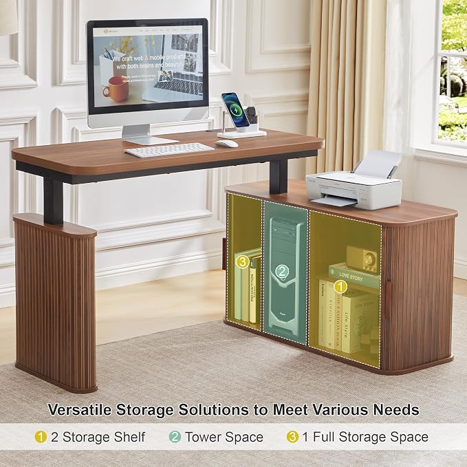 L Shaped Standing Desk with Storage, 47" Electric Desk Height Adjustable Executive Desk with Drawers, Sliding Door Wood Desk Office Sit Stand up Desk for Work, Study, Writing, Walnut