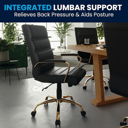 Flash Furniture Whitney Mid-Back Swivel LeatherSoft Desk Chair with Wheels, Padded Seat and Armrests, Adjustable Height Padded Office Chair, Black