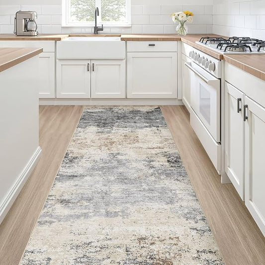 Runner Rug Kitchen Washable Rugs: 2x6 Non-Slip Abstract Soft Modern Stain Resistant Indoor Floor Neutral Accent Throw Carpet for Hallway Bathroom Laundry Room Entryway Bedroom- Grey Brown