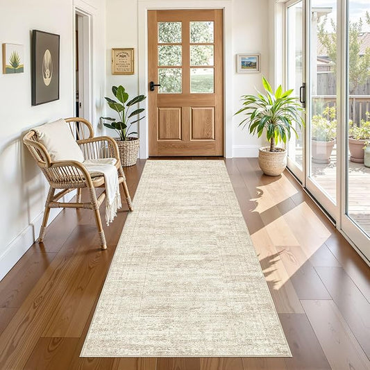 UERMEI 2x6 Washable Runner Rug for Hallway, Non Slip Low Pile Kitchen Carpet, Neutral Modern Abstract Indoor Floor Mat for Entryway Laundry, Kid & Pet Safe High Traffic Area, Beige/Brown