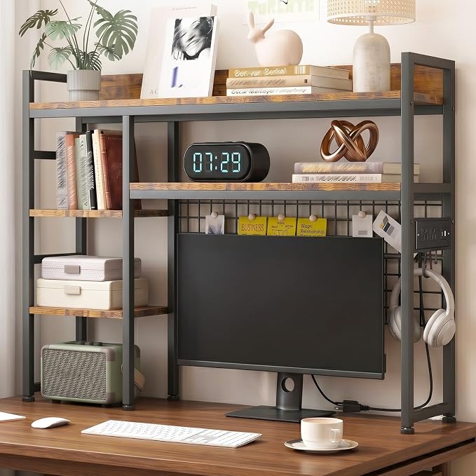 Desktop Hutch Bookshelf with Power Outlet, 3-Tier Desk Organizer Rack | 45.3" Width | Adjustable Shelves | Bookcase with Grid Panel | Sturdy Metal Frame | for Dorm Office | Easy Assembly
