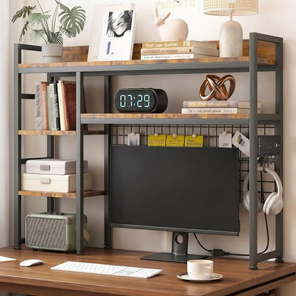 Desktop Hutch Bookshelf with Power Outlet, 3-Tier Desk Organizer Rack | 45.3" Width | Adjustable Shelves | Bookcase with Grid Panel | Sturdy Metal Frame | for Dorm Office | Easy Assembly