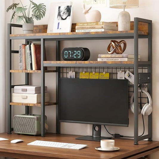 Desktop Hutch Bookshelf with Power Outlet, 3-Tier Desk Organizer Rack | 45.3" Width | Adjustable Shelves | Bookcase with Grid Panel | Sturdy Metal Frame | for Dorm Office | Easy Assembly