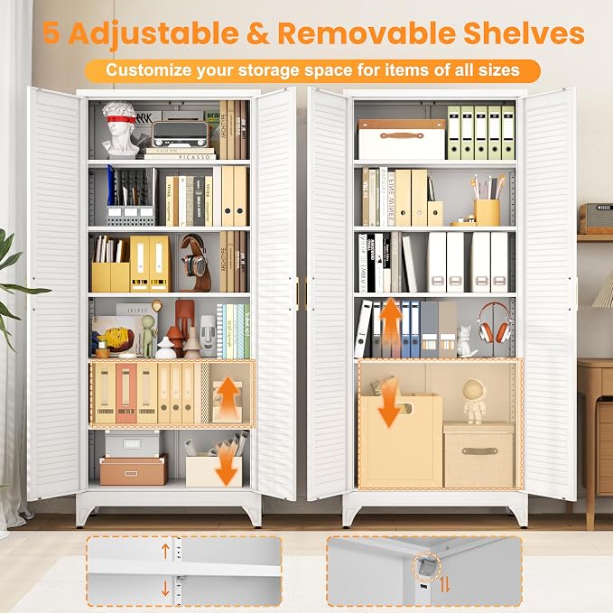 75" Metal Pantry Cabinet,Kitchen Storage Cabinet with Shelves | Louvered Metal Storage Cabinet,Adjustable Shelves,Gold Handles,Leveling Feet,Anti-tipping,for Garage/Kitchen White