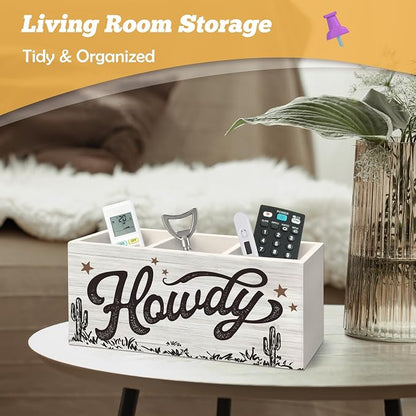 Western Howdy Pen Holder Organizer for Desk Accessories, Retro Country Western Wooden Box Sign Desk Decorations for Home Bedroom Office Decor, Cowboy Cowgirl Gifts