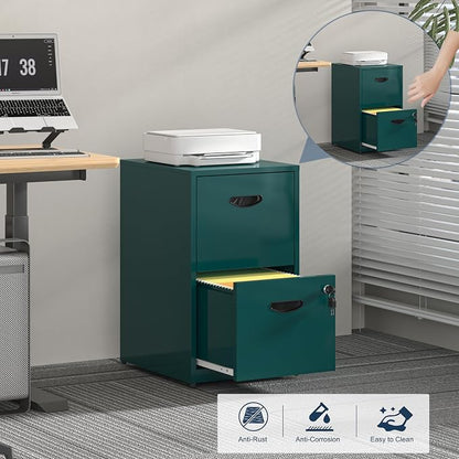 UNICOLY 2 Drawer File Cabinet with Lock, Metal File Cabinets for Home Office, Under Desk Storage, Printer Stand, Office File Cabinets for Letters and File Boxes, Assembly Required, Green