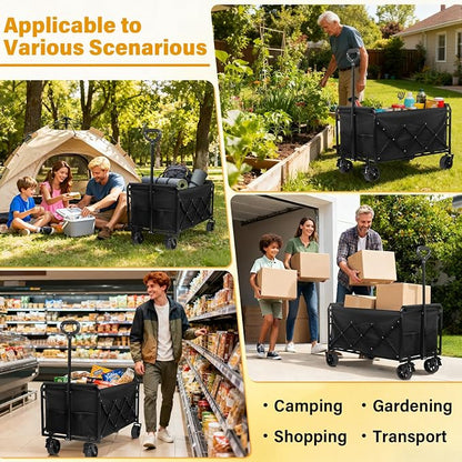 Wagons Carts Foldable,Large Capacity Foldable Wagon Cart Collapsible Wagon with Wheels & Drink Holders,Heavy Duty Utility Folding Cart for Camping Garden Grocery Shopping