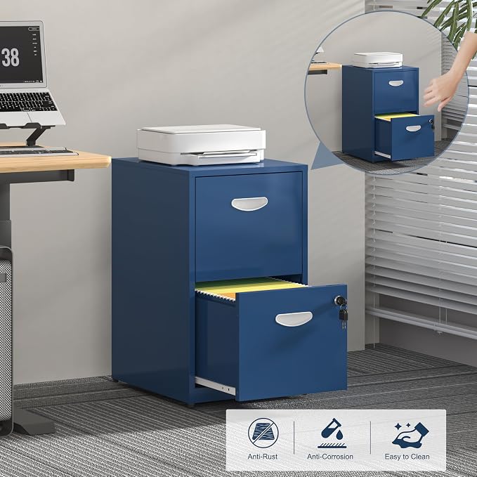 UNICOLY 2 Drawer File Cabinet with Lock, Metal File Cabinet for Home Office, Under Desk Storage, Printer Stand, for Letters and File Boxes, Assembly Required, Blue